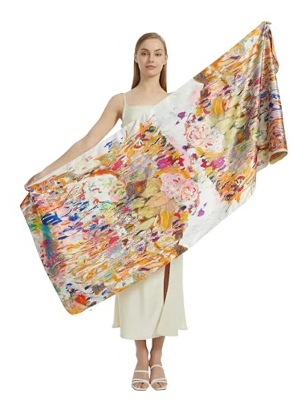 Floral Print Long Scarf Lightweight Silk Feeling Shawl Double-Sided